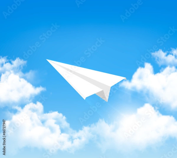 Fototapeta Paper airplane in the sky with clouds. Vector