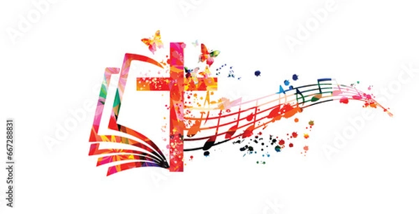 Obraz Creative music style template vector illustration, colorful cross with music staff and notes background. Religion themed design for gospel church music and concert, choir singing, Christianity, prayer