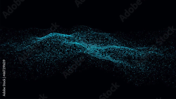 Fototapeta Digital halftone wave on the dark background. Abstract modern blue structure, network connection. Big data visualization. Vector illustrations.