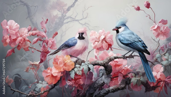 Obraz obraz przedstawiający dwa kolorowe ptaki siedzące na gałęzi przy kolorowych kwiatach w japonskim stylu