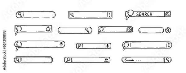Obraz Doodle search bar set. Hand drawn internet information find. Website browser box sketch. Magnifying glass button. Computer interface