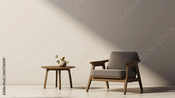 Fototapeta  A chair and coffee table with simple decoration against a plain color wall. Copy space setting out and minimalist style,