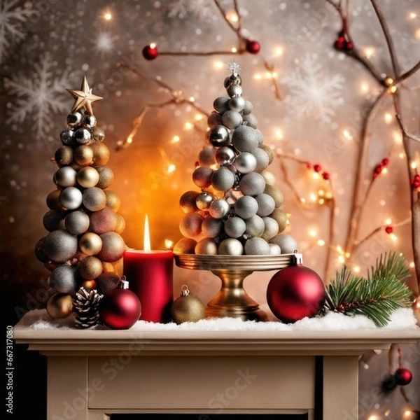 Fototapeta Home is decorated with Christmas ornaments, and gift boxes, as well as a light decoration with candles
