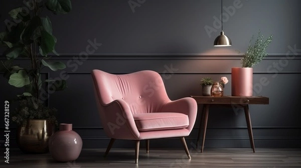 Fototapeta Armchair in a spacious living room. A pink armchair in a spacious living room with a lamp and table surrounded by flowers and a shelf against a grey wall with a dark painting With copyspace for text