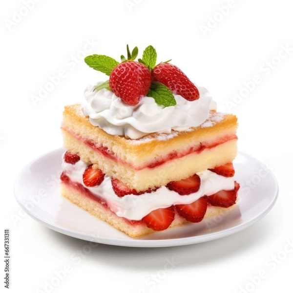 Fototapeta A piece of cake with whipped cream and strawberries. Photorealistic, on white background