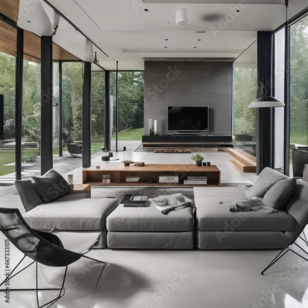 Fototapeta Living room in a bright modern house open floor plan minimalist style.