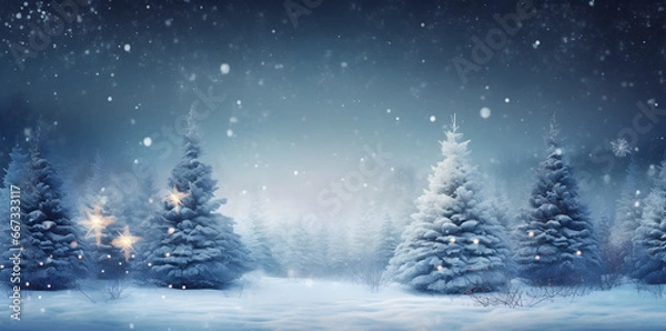 Fototapeta Snowy backdrop, Christmas blue background, snowy winter, winter holiday background, snowdrifts, snow-covered blur forest, cold winter time, christmas snowy, Web banner.