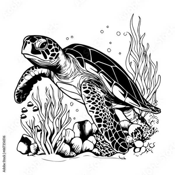 Fototapeta sea turtle with coral reefs and seaweeds vector,Black and white hand-drawn graphics translated into vector illustration, ai generated.