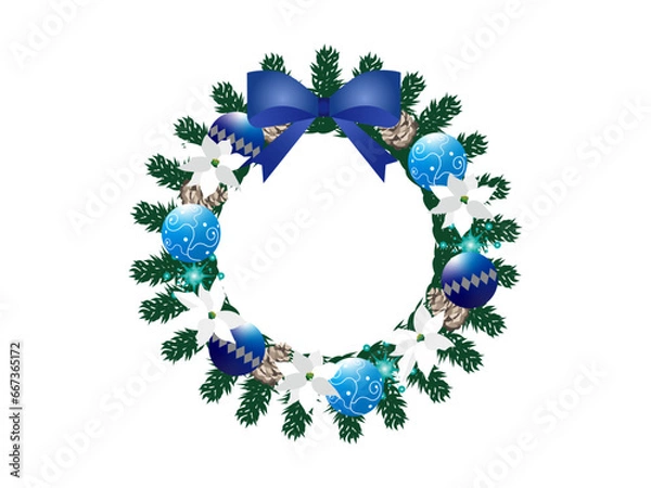 Obraz 白いポインセチアと青いオーナメントのクリスマスリース