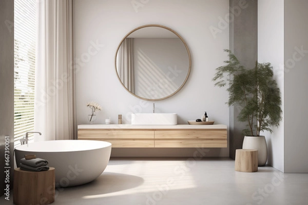 Fototapeta Minimalist bathroom interior. Bathtub, round mirror, and floating wooden bathroom cabinet with a sink. Natural materials, beige tones
