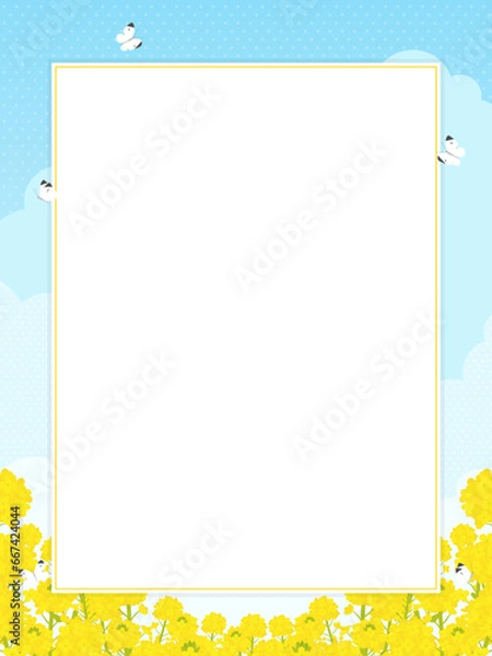 Obraz 菜の花畑にモンシロチョウが飛ぶ風景のフレーム・背景素材（縦向き）
