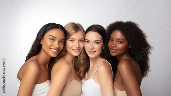 Fototapeta Diverse women with radiant complexions on a studio background, embodying wellness, empowerment, and makeup. Generative AI.