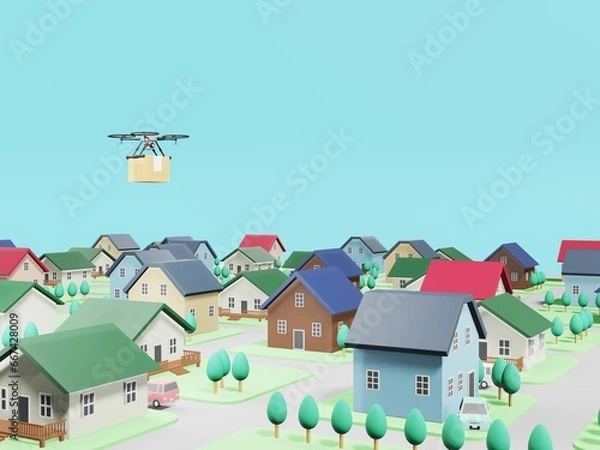 Obraz 町の上で荷物を運ぶドローン