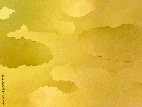 Fototapeta 日本伝統のベージュの和紙素材に金の雲柄デザイン