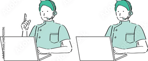 Obraz PCを操作するインカムをつけた男性医師・看護師