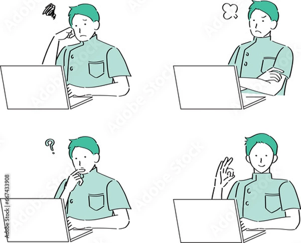 Obraz PCを操作する色々な表情の男性医師・看護師