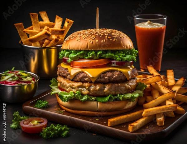 Fototapeta The fresh and delicious cheeseburger with fries on a dark black background.