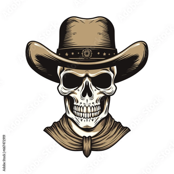Fototapeta  Skull with a cowboy hat, vector illustration, Generative Ai.