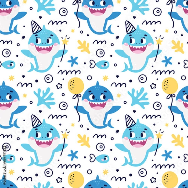 Fototapeta Seamless Vector Pattern with baby shark, fishes, corals, algae, waves, bubbles for Birthday party. Ideal for kids cards, prints, anniversary, invitation