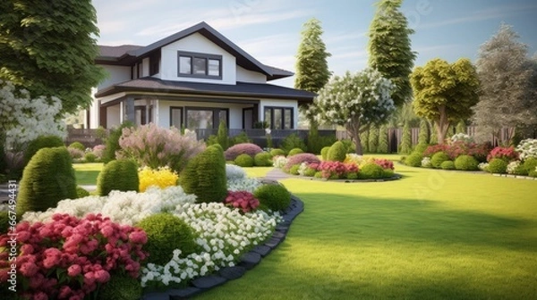 Fototapeta Modern garden care service with a beautiful yard featuring multicolored shrubs and bright green lawns