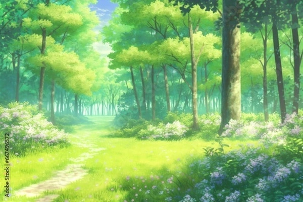 Fototapeta 森 ファンタジー 木漏れ日 アニメ 晴れ 神秘 妖精,generative ai