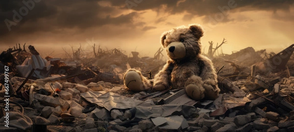 Fototapeta War background - Teddy bear sits in the rubble of a bombed city