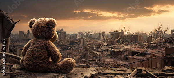 Fototapeta War background - Teddy bear sits in the rubble of a bombed city