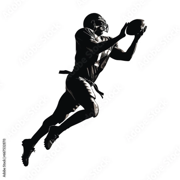 Fototapeta Black silhouette of a male American football athlete in-game action, throwing the football, running, passing, receiving, tackling, blocking, punting, intercepting the ball
