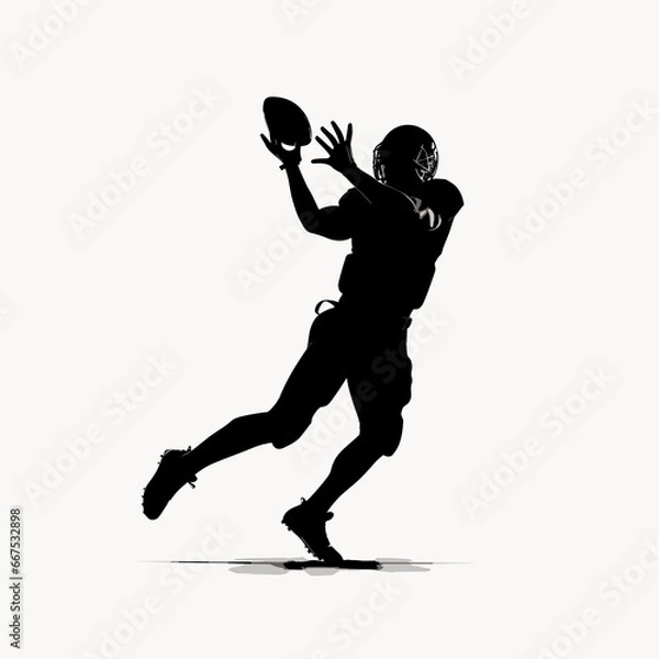 Fototapeta Black silhouette of a male American football athlete in-game action, throwing the football, running, passing, receiving, tackling, blocking, punting, intercepting the ball