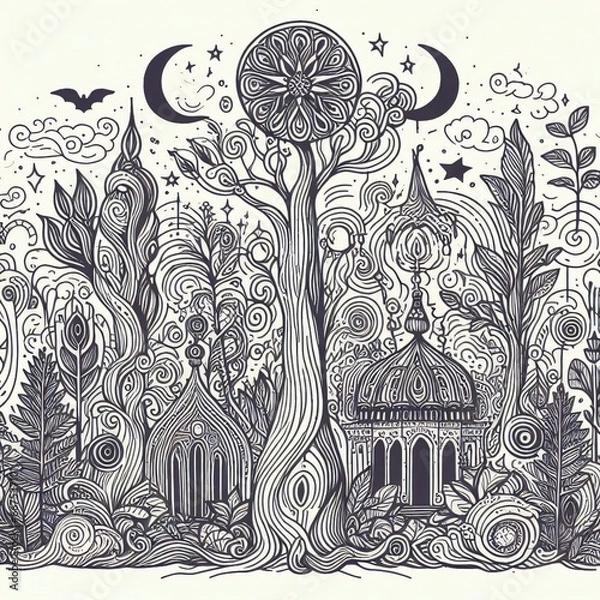 Fototapeta mystical tree and temple under moonlight