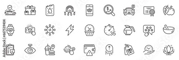 Fototapeta Icons pack as Power, Cooking mix and Transport insurance line icons for app include Augmented reality, Currency audit, Customer satisfaction outline thin icon web set. Eye laser, Parking. Vector