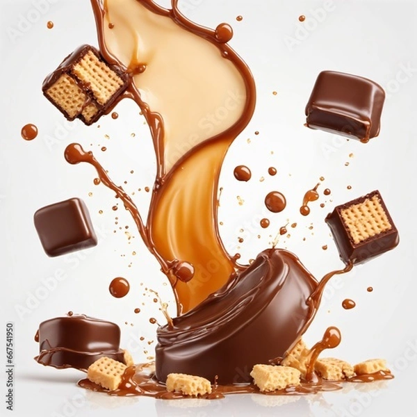 Fototapeta Chocolate bar with caramel, Sweet flavor, Crispy wafer, Chocolate and Caramel Splash