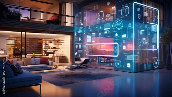 Fototapeta Concept Interior illustration of smart home with artificial intelligence concept. Future of home living, Generative AI	