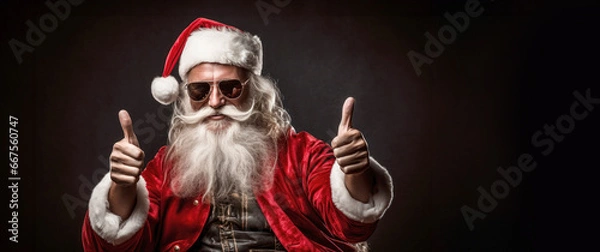 Obraz Cool modern Santa Claus with sunglasses and thumbs up isolated on a dark background with copy space. Merry Christmas concept