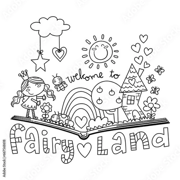 Obraz Illustration in black and white of an open book from which a fantasy landscape emerges, with a fairy, a rainbow, a house, butterflies, coloring page