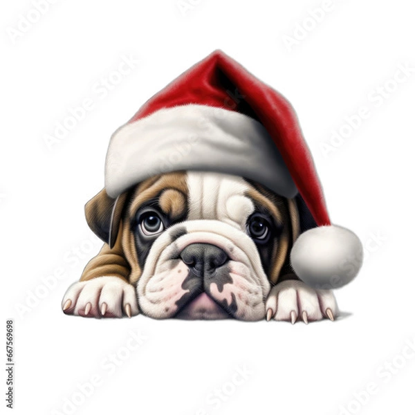 Obraz Bulldog puppy wearing Santa Hat isolated on transparent background