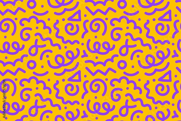 Obraz Seamless pattern of colorful abstract squiggles print, scribble spiral and wavy lines. retro 80s style. Chaotic ink brush scribbles. Vector illustration.