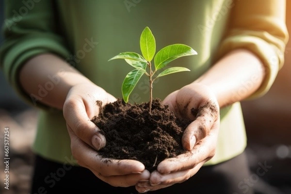 Fototapeta Woman hands holding soil and a tiny plant. ai generative