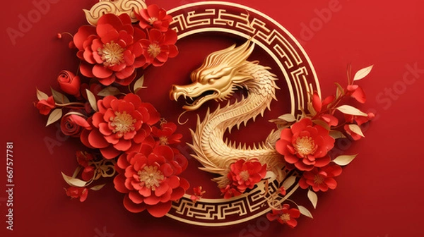 Fototapeta Dragon with flower, lantern, asian elements gold paper cut style on red background, AI generated