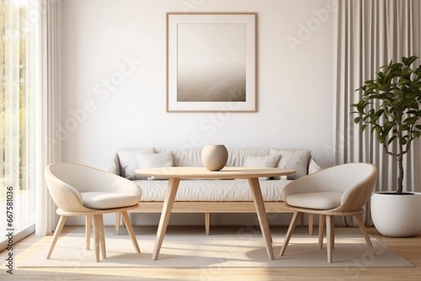 Fototapeta living room with a soft sofa, a wooden table and comfortable chairs, with a large flower in a pot and an abstract poster on the wall, hygge style home interior design