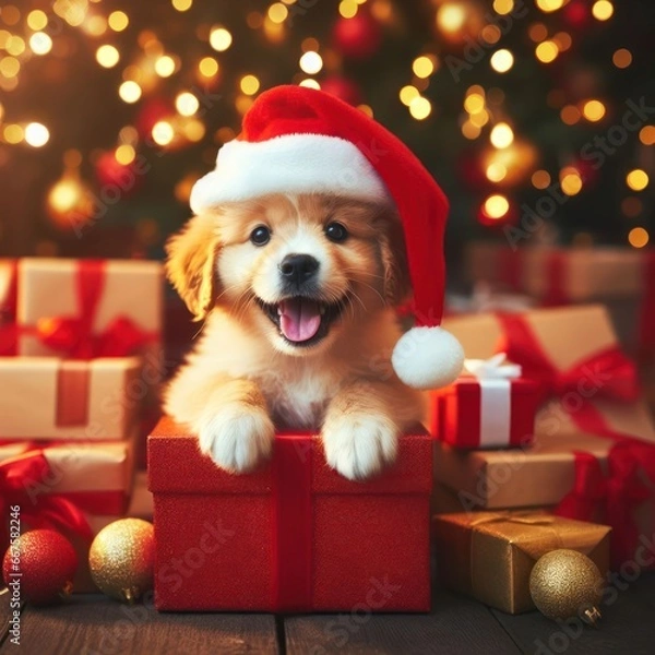 Fototapeta very cute little puppy wearing a santa hat amongst the presents at christmas generative ai