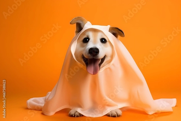 Obraz Perro con disfraz de fantasma en halloween, fondo naranja de estudio.