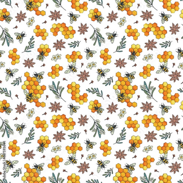 Fototapeta Seamless vector pattern with bees, honeycombs, cinnamon and twigs.  Honey ornament for fabrics and packaging