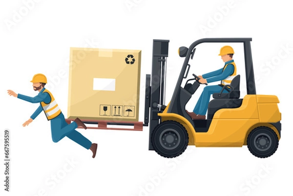 Obraz Industrial worker driving a forklift in an accident to a worker. Danger and caution sign for forklift traffic. Work accident in a warehouse. Security First. Industrial Safety and Occupational Health