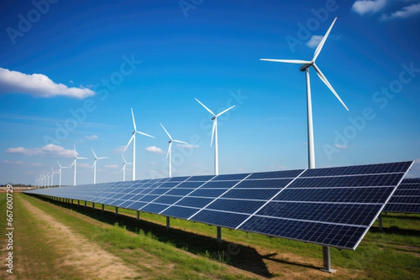 Fototapeta Creating sustainable energy using solar panels and wind farms is enterprise friendly. The concept of clean and sustainable development. Generative AI