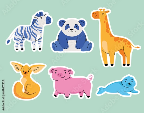 Fototapeta Big Set Of Animals Collection of Animals Vector. Stickers Collection Set Vector Animals Collection. Advance Cartoon Collection 
