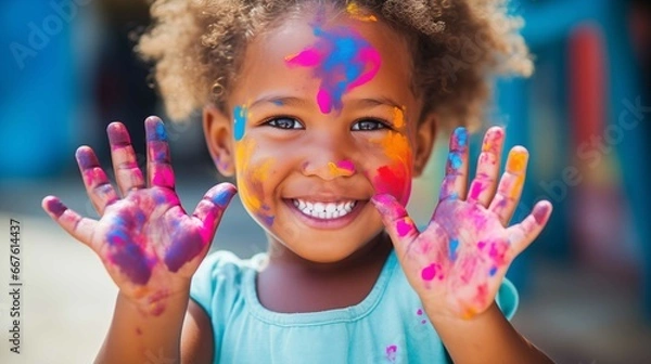Obraz Smiling African girl with paint on her hands. Generative AI.