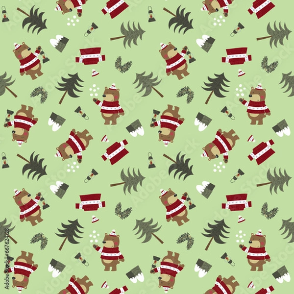 Fototapeta Seamless pattern with drawings of a  bear in a winter hat and sweater, with fir trees and mountains, print design