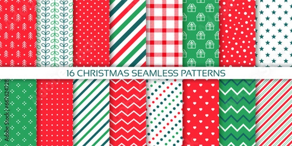 Fototapeta Xmas seamless pattern. Christmas print. Backgrounds with tree, candy cane stripe, polka dot, zigzag and star. Set New year textures. Red green backdrops. Festive wrapping paper. Vector illustration.