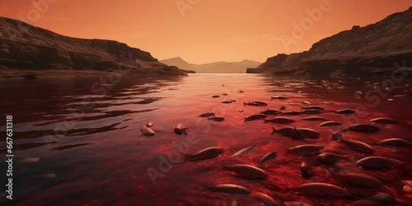 Fototapeta The majestic Nile River turning unsettlingly deep red, lifeless fish floating on its surface